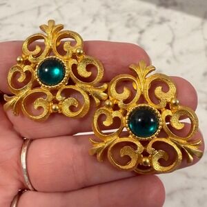 Vintage Gold Plated Green Cab Clip On Earrings Openwork Scroll Design